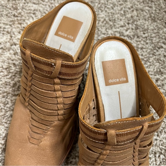 DOLCE VITA Camel Brown Almond Toe Block Heel Slip On Leather Mules Size 8.5 - Picture 7 of 8